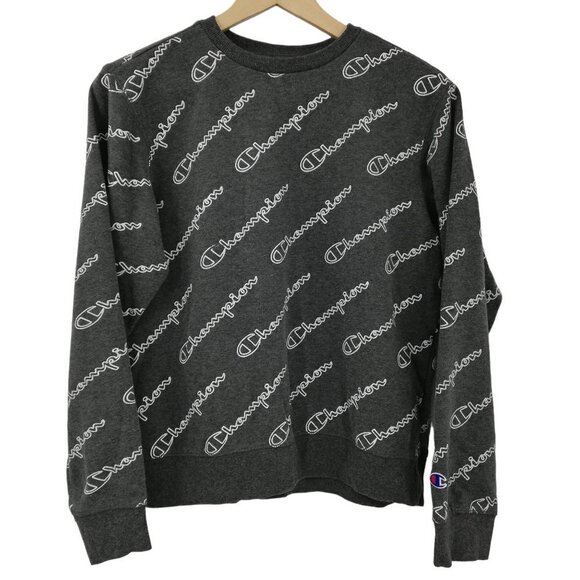 Champion Allover Logo Gray Pullover Sweatshirt Size XL Long Sleeve Soft Top - Picture 1 of 10
